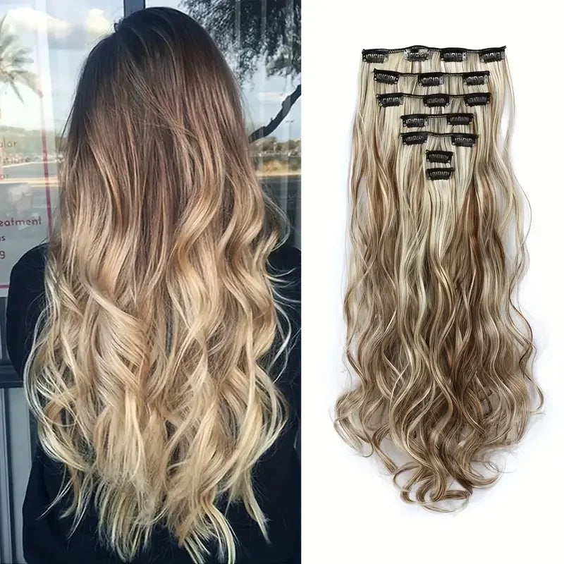 Luxe 22-Inch Krullend Golvend Clip-In Haar Extensions - 7-Delige Set voor een Volle Hoofd met Adembenemend Haar voor Vrouwen en Meisjes!