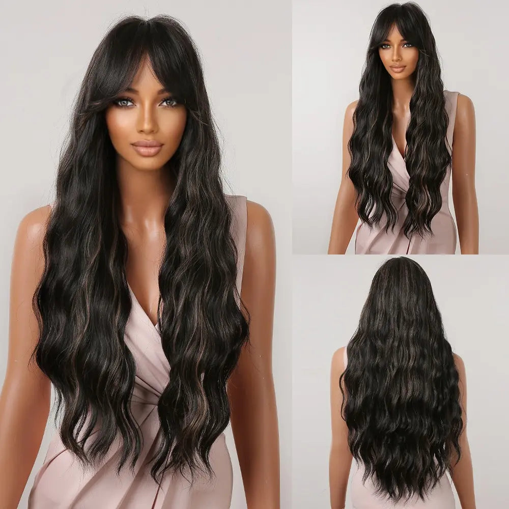 Luxe Lange Bruine Golvende Pruik met Pony - Hittebestendige Natuurlijke Look voor Dagelijks Gebruik en Cosplay
