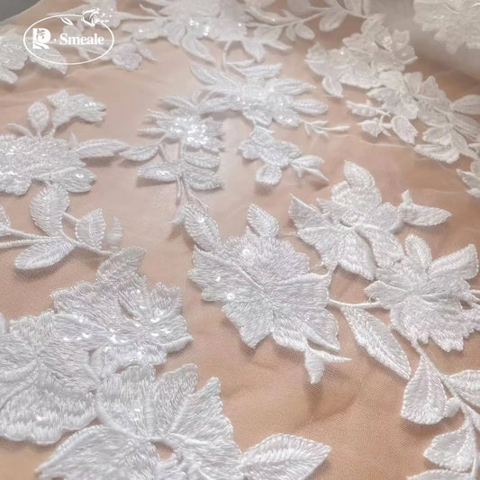 White Floral Embroidery Lace Fabric with Sequins Cotton Mesh Wedding Veil Sewing DIY Craft Supplies