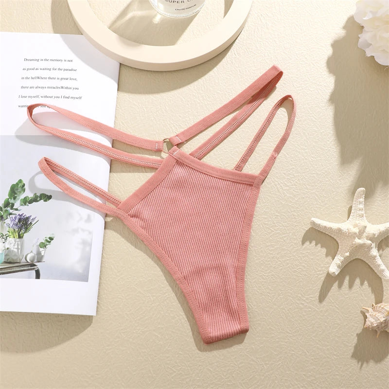FINETOO 4Stuks Dames Stijlvolle Katoenen Thongs - Sexy Lage Taille Gestreepte en Effen Ademende Ondergoedset