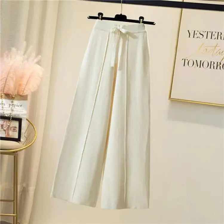 Chic Hoge Taille Gebreide Broek voor Vrouwen - Comfort Ontmoet Stijl met Zachte Pasvorm, Trekkoord en Brede Benen Perfect voor Lente en Herfst!