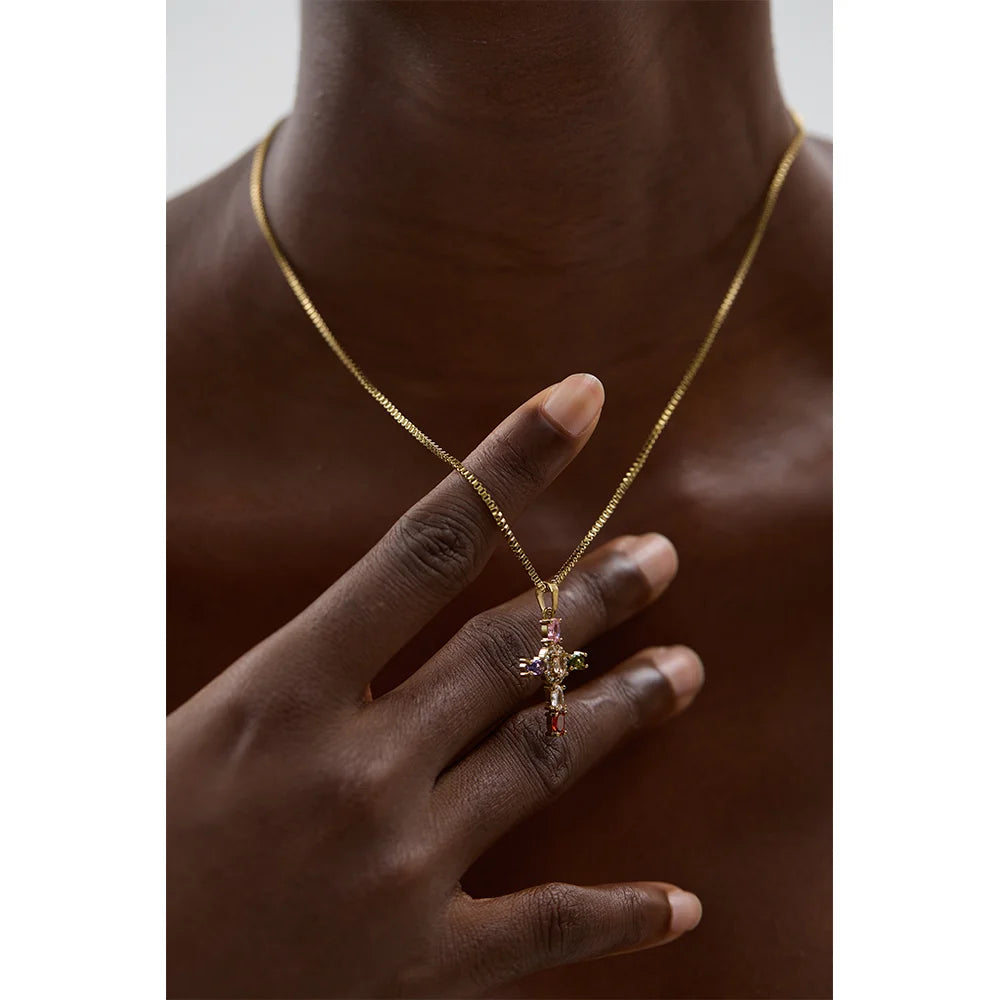 Yhpup Elegante Kleurrijke Sprankelende Cubic Zirconia Kruzifiks Hanger Ketting - Premium RVS Luxe Sieraden Cadeau