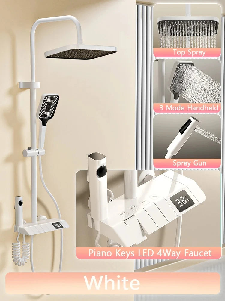 Stijlvol Piano Toets Douche Systeem: Compleet Badkamer Douche Set met LED Digitale Weergave en Koper Armaturen voor Warm en Koud Water Genot
