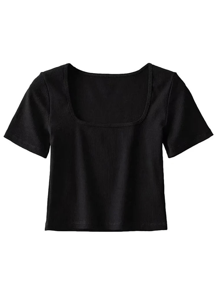 Chic Dames Vierkante Hals Geribbelde Crop Tee met Korte Mouwen