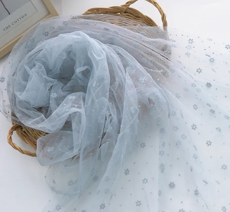 Flower Flocked Tulle Fabric 145x100cm Soft Mesh Fabric for Bridal Veil Princess Dress Doll Skirt Sewing Material