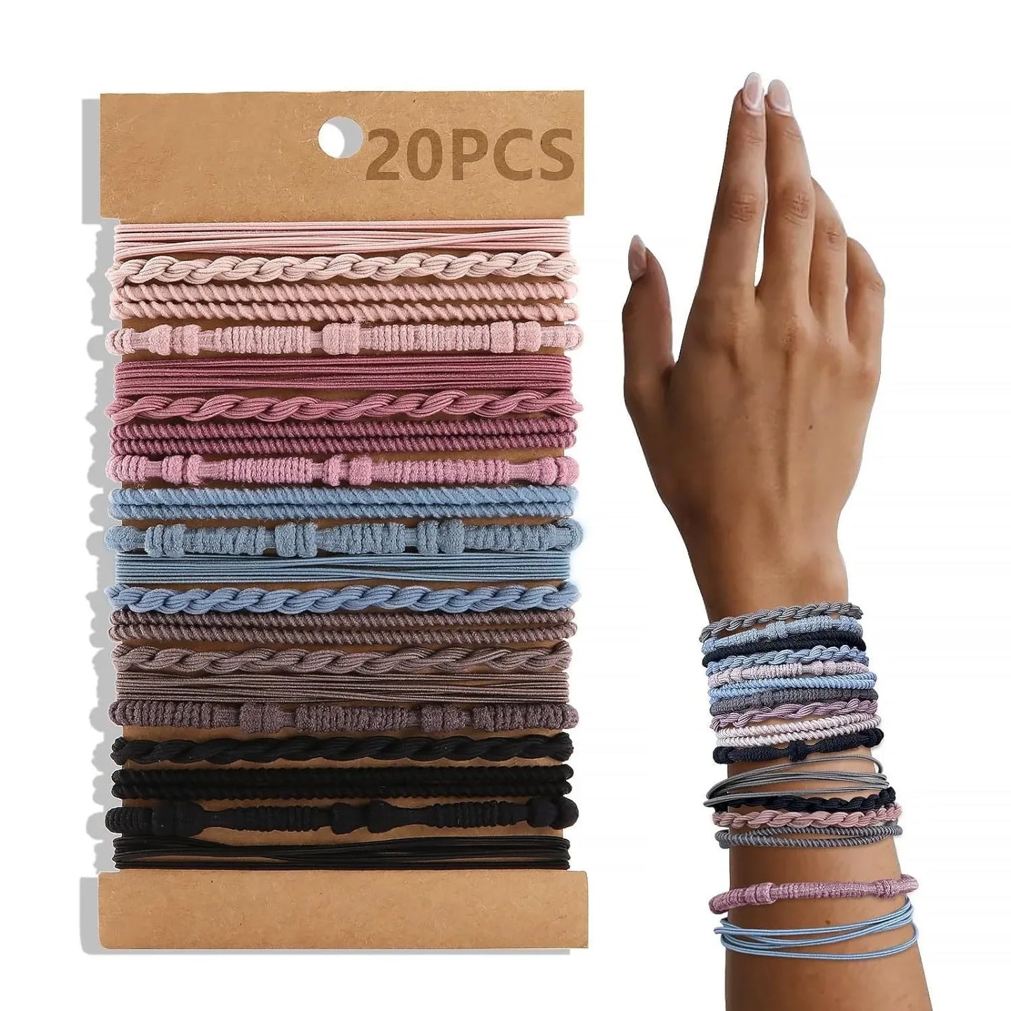 Set van 20 Boho-geïnspireerde elastische haarbanden en armbanden voor vrouwen - Stijlvolle zwarte paardenstaart houders en haarbanden