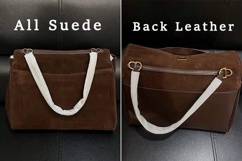 Chique Echte Leren Bruine Suède Tote Bags voor Vrouwen - Elegante Gouden Buckle Schoudertassen van Luxe Merk Rodeo