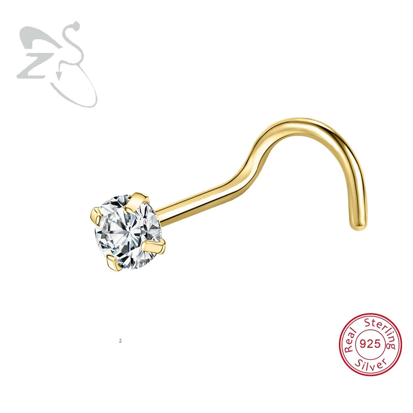 Elegante 925 Sterling zilveren L-vormige neussteker met gouden kleur kristal - Perfect voor neuspiercing (2-3,5 mm)