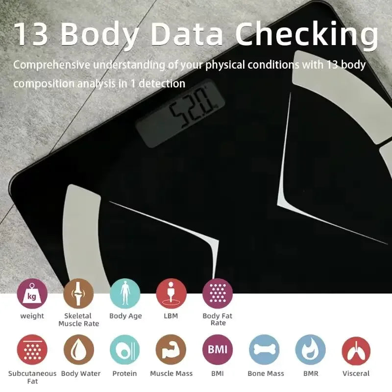 Slimme Bluetooth Lichaamsvet Analyzer Weegschaal - Moeiteloze Gewichtmeting voor Thuis met Oplaadfunctie