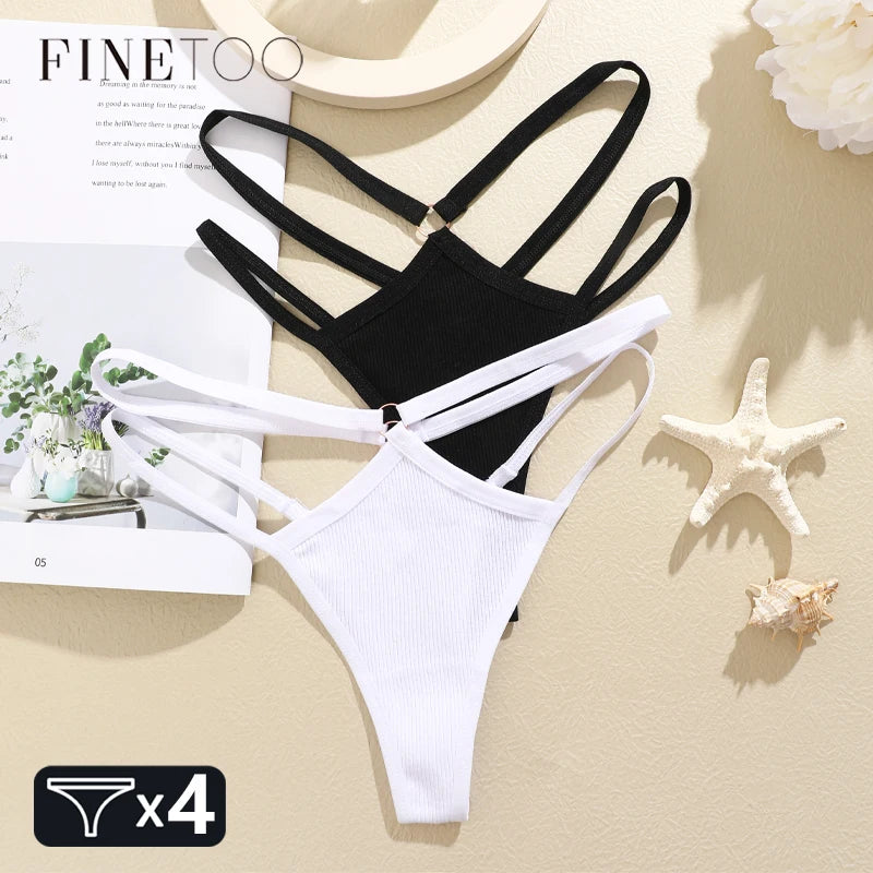 FINETOO 4Stuks Dames Stijlvolle Katoenen Thongs - Sexy Lage Taille Gestreepte en Effen Ademende Ondergoedset