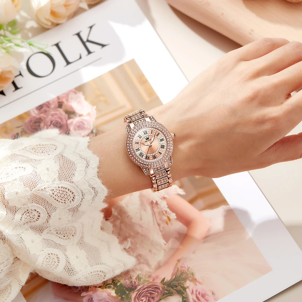 Elegante met diamanten bezette OLEVS Dameshorloge - Modebewuste RVS, Waterdichte Quartz Horloges Perfect voor Elke Gelegenheid