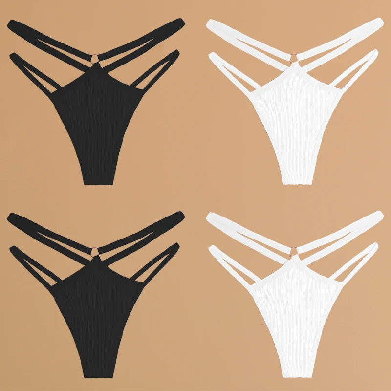 FINETOO 4Stuks Dames Stijlvolle Katoenen Thongs - Sexy Lage Taille Gestreepte en Effen Ademende Ondergoedset