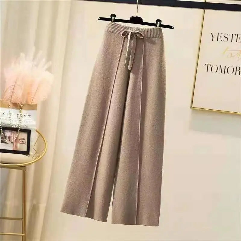 Chic Hoge Taille Gebreide Broek voor Vrouwen - Comfort Ontmoet Stijl met Zachte Pasvorm, Trekkoord en Brede Benen Perfect voor Lente en Herfst!