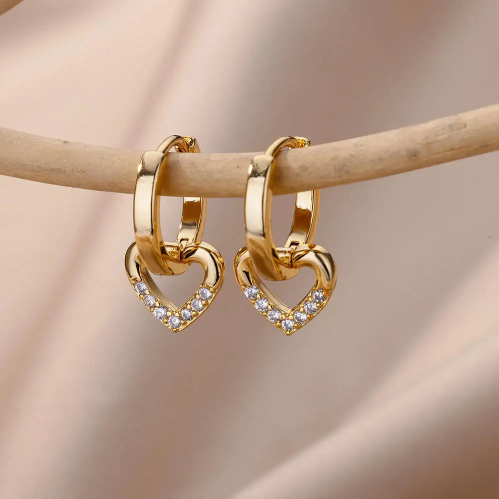 Elegante Gouden Zirkonia Hart Dangle Oorbellen voor Vrouwen en Meisjes - Luxueuze Koppel Sieraden Perfect voor Feestjes en Cadeaus