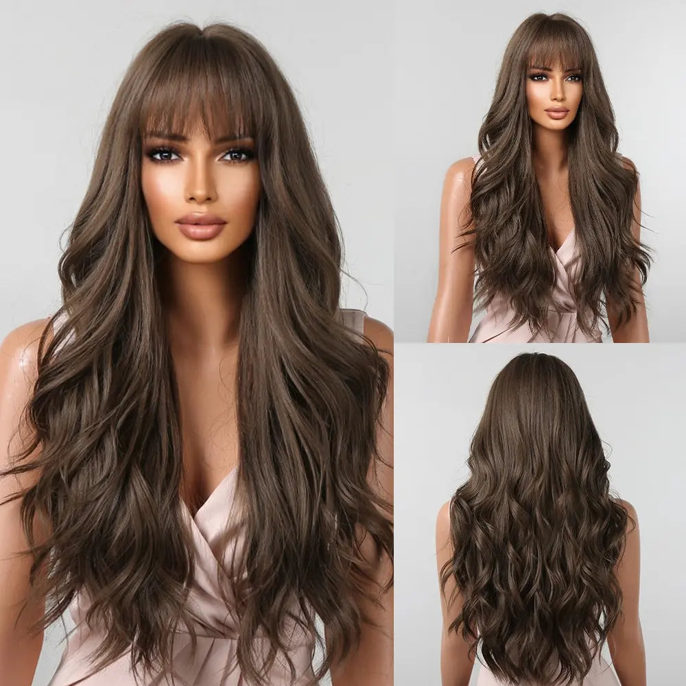 Luxe Lange Bruine Golvende Pruik met Pony - Hittebestendige Natuurlijke Look voor Dagelijks Gebruik en Cosplay