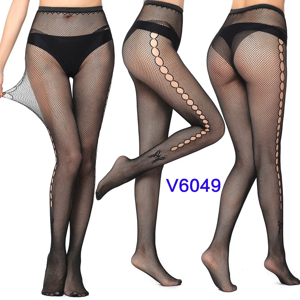 Verleidelijk Kant Viskouskous met Jacquard Weefsel – Naadloze Gotische Kousen met Garter en Ruitpatroon in Zwart