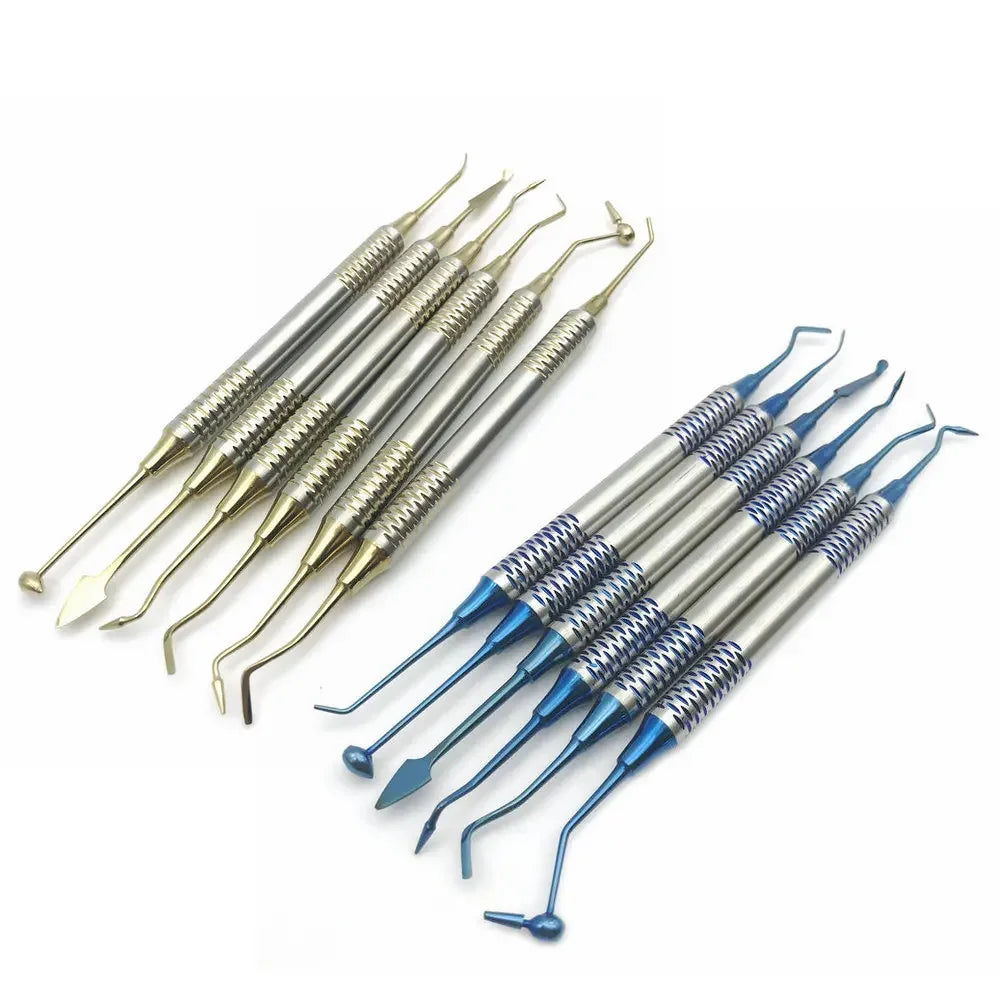 Premium 6-delig set voor het vullen van tandheelkundige composiethars met spatels met titanium-geplateerde koppen - Ideale restauratietools voor tandheelkundige professionals