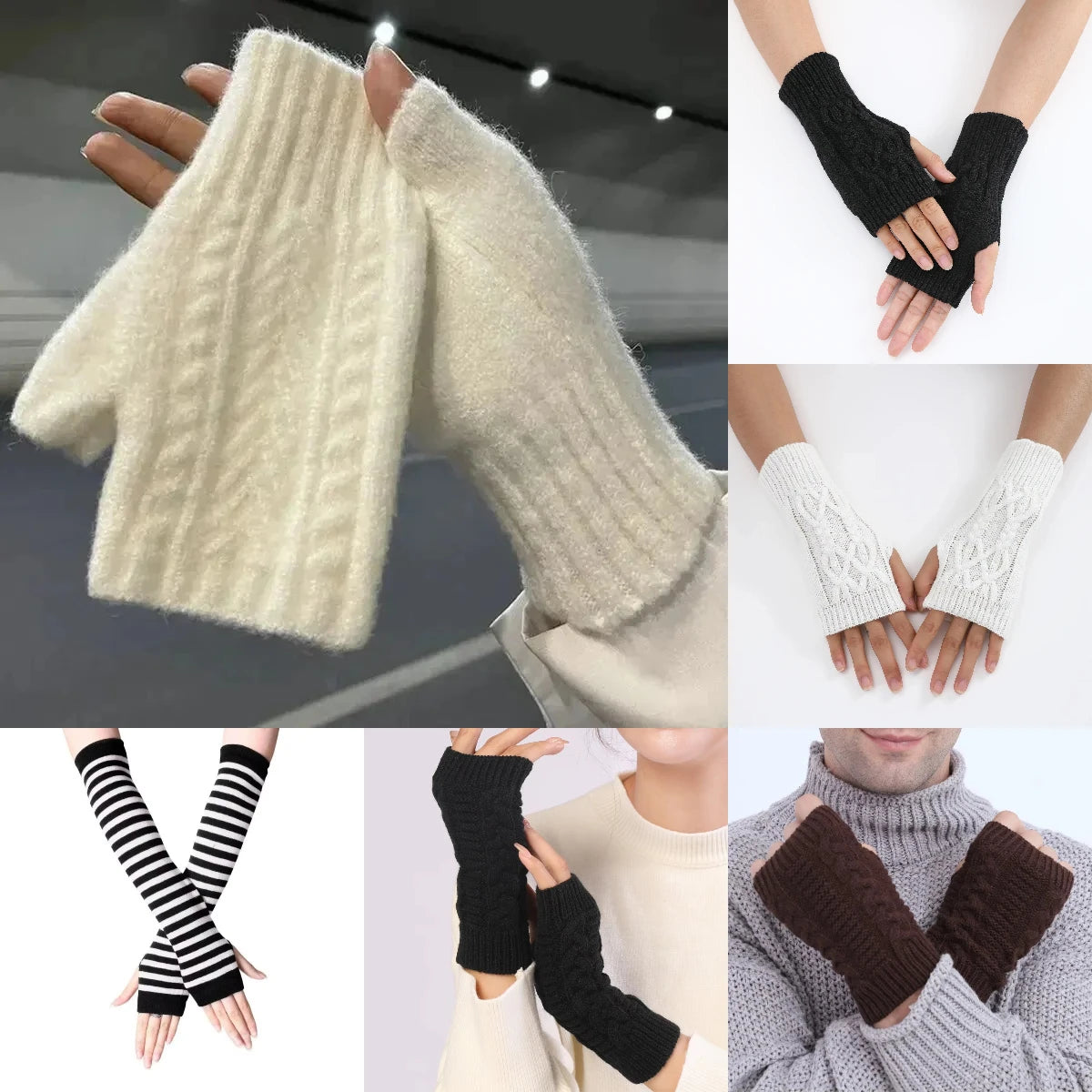 Gezellige Winter Dames Halve Vingerhandschoenen - Zachte Wolachtige Gebreide Ontwerp in Elegant Zwart en Wit
