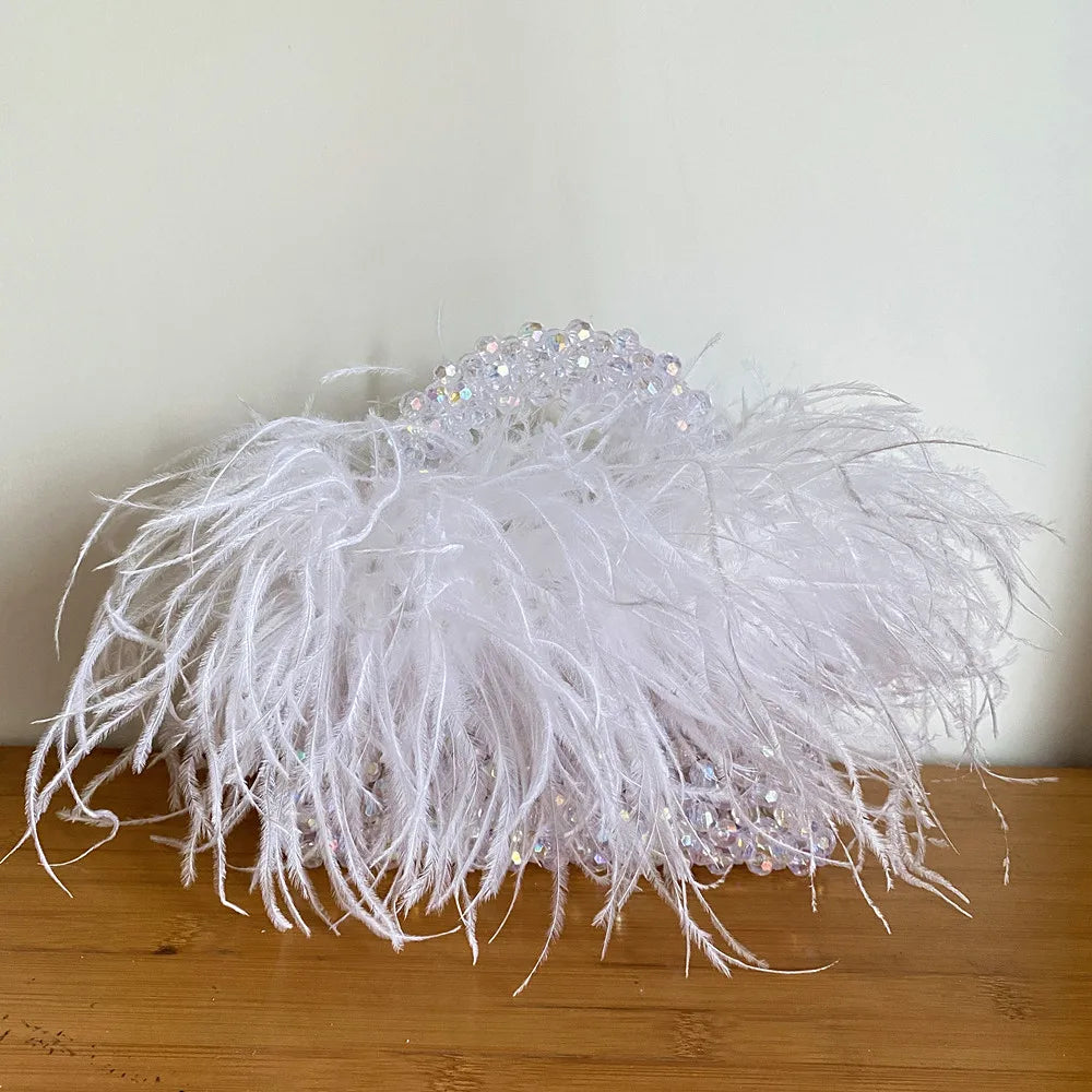Chic Parelsnoer & Veer Bont Handtas - Designer Acryla Kristallen Doos Tote voor Dames, Handgemaakte Elegantie voor Feesten