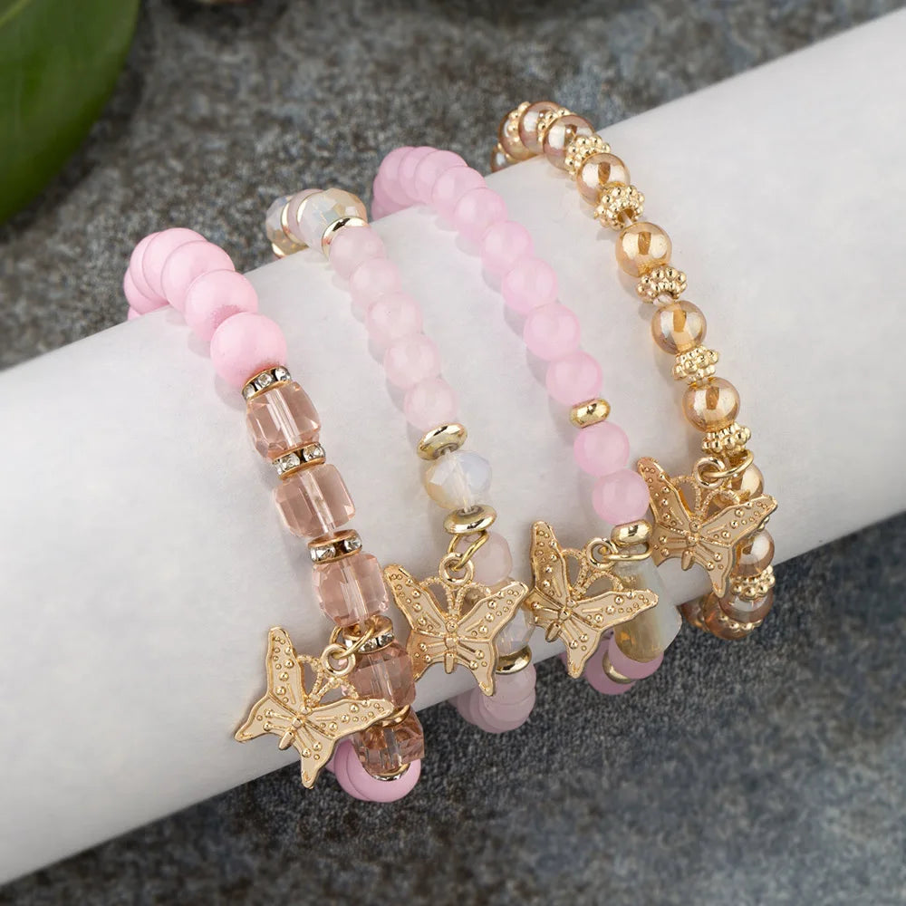 Chique 4-delige Vlinder Foparmbandenset voor Vrouwen – Stijlvolle Roze Acryl Kralen met Elastische Ketting – Perfecte Boheemse Feestjuwelen Cadeau