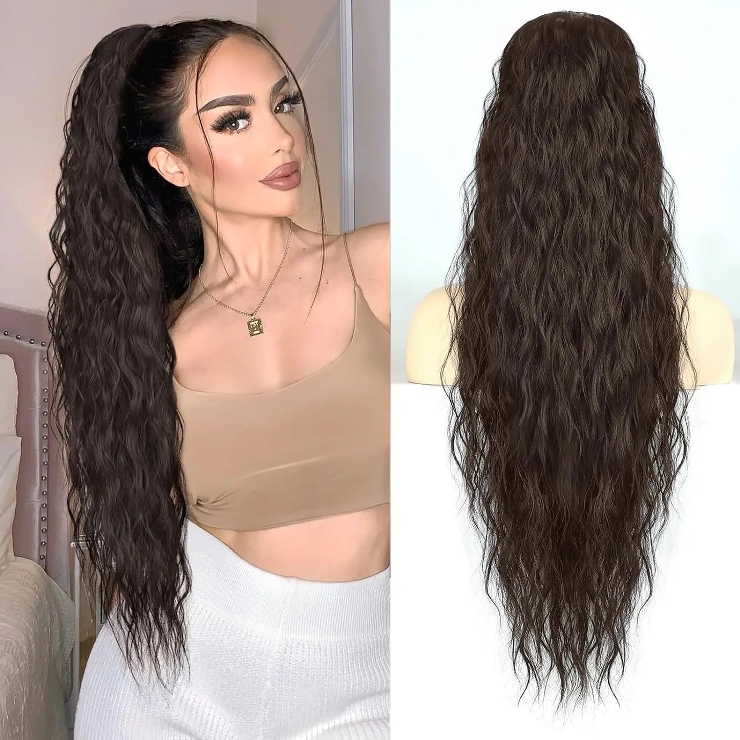 26-Inch Luxe Lange Krullende Golvende Paardenstaart Extension - Moeiteloze Treksnoervlecht voor Dames Perfect voor Dagelijks Gebruik en Bijzondere Gelegenheden