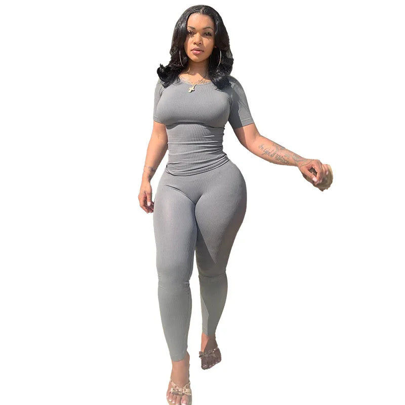 Chique Geribbelde 2-delige Zomer Lounge Set voor Vrouwen: Comfortabele Top & Rekbare Leggings Combinatie
