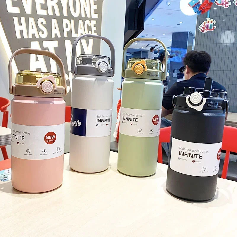 Extra-grote 1L/1.2L Geïsoleerde Thermosfles met Rietje - Stijlvolle RVS Thermische Waterfles voor Heet en Koud Drank, Vacuümfles en Thermosbeker