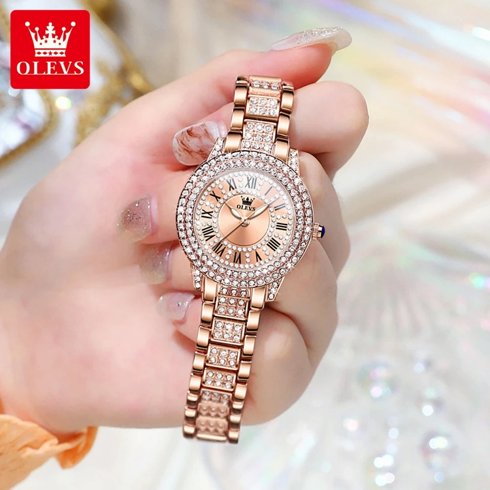 Elegante met diamanten bezette OLEVS Dameshorloge - Modebewuste RVS, Waterdichte Quartz Horloges Perfect voor Elke Gelegenheid