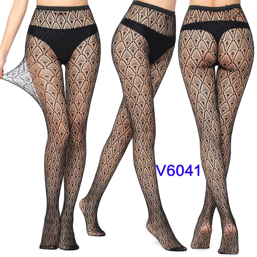Verleidelijk Kant Viskouskous met Jacquard Weefsel – Naadloze Gotische Kousen met Garter en Ruitpatroon in Zwart