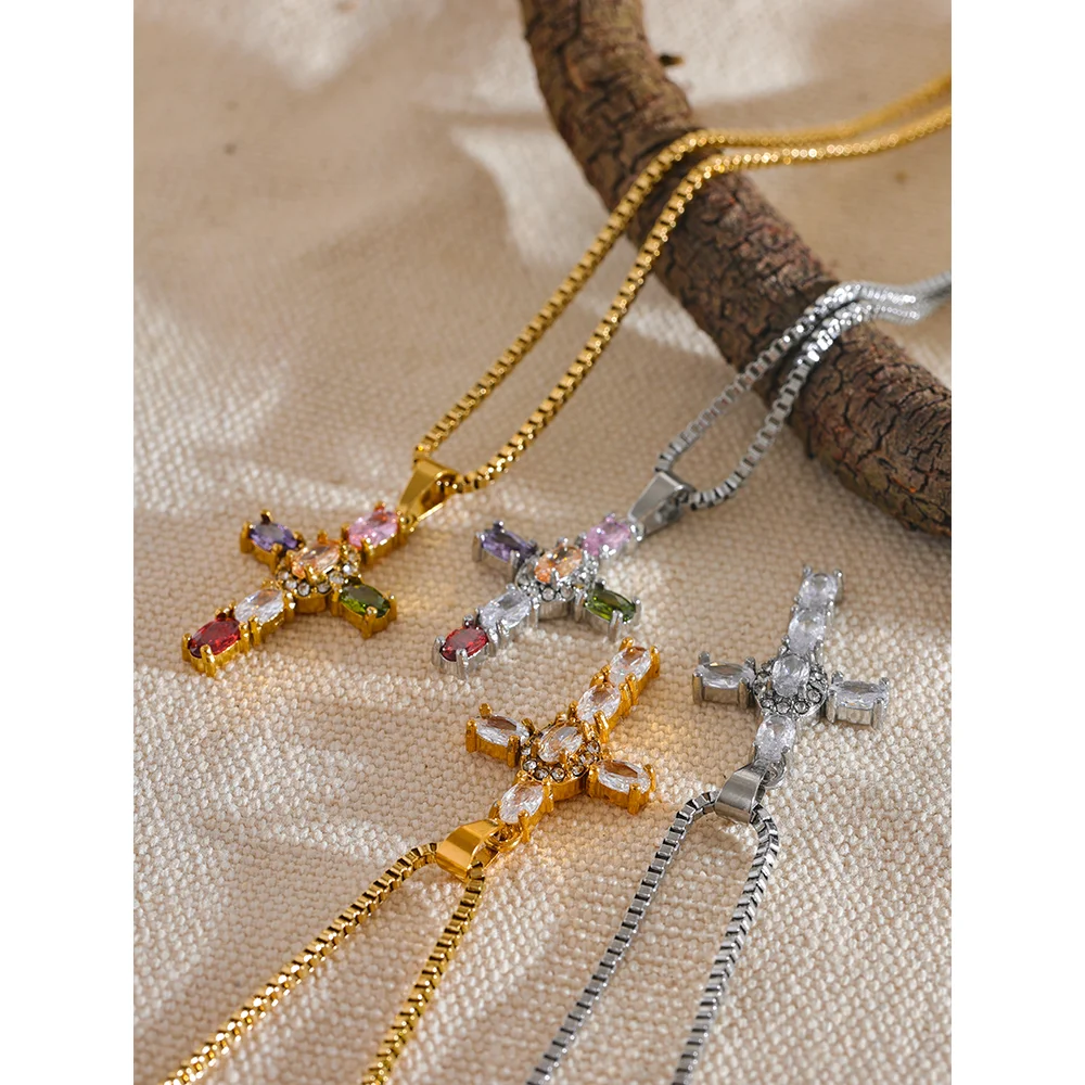 Yhpup Elegante Kleurrijke Sprankelende Cubic Zirconia Kruzifiks Hanger Ketting - Premium RVS Luxe Sieraden Cadeau
