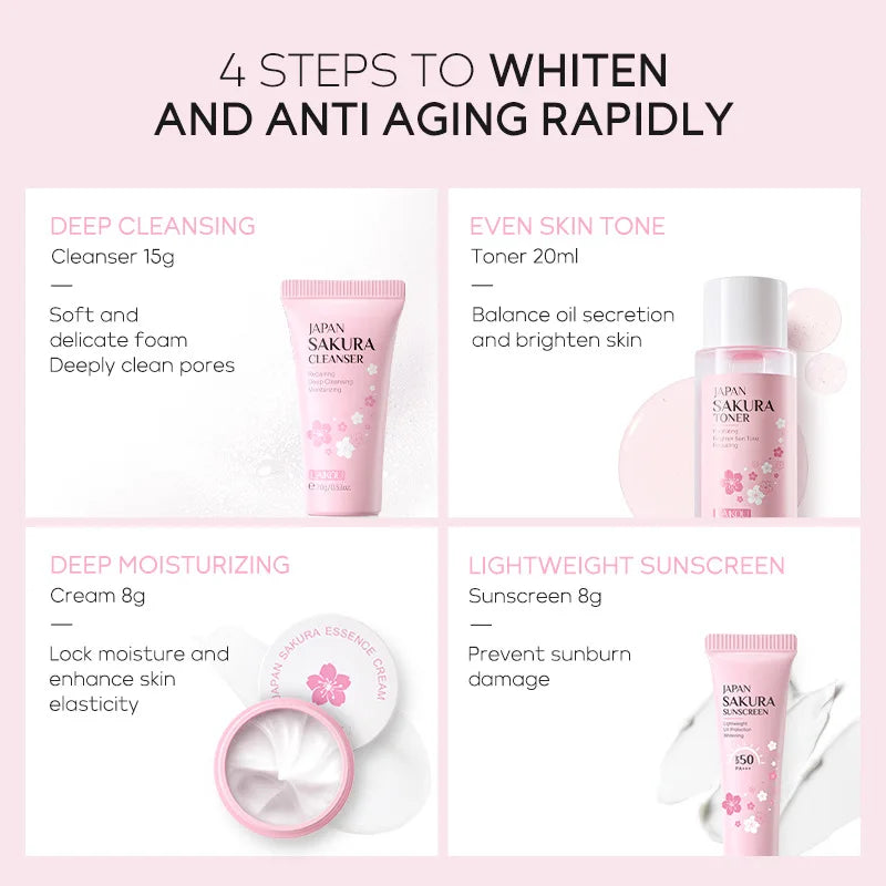 Revitaliseer je huid met de LAIKOU Sakura Complete Care Set: Reinigingsgel, Crème, Serum, Tonic - Hydraterend, Verhelderend, Firming en Vochtinbrengend!