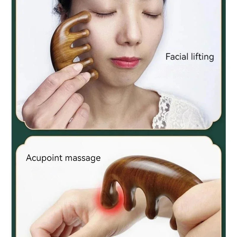 Revitaliseer je hoofdhuid met de Meridian Massage Kam - Vijf-tands handvatloze acupunctuurtool voor verbeterde bloedsomloop, gemaakt van luxe sandelhout