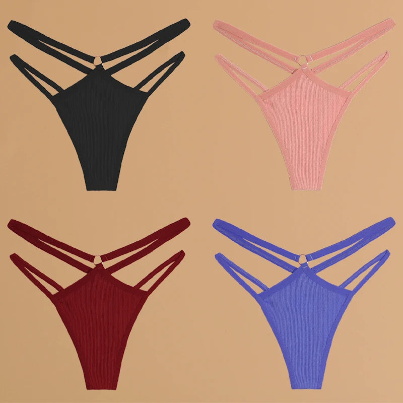 FINETOO 4Stuks Dames Stijlvolle Katoenen Thongs - Sexy Lage Taille Gestreepte en Effen Ademende Ondergoedset