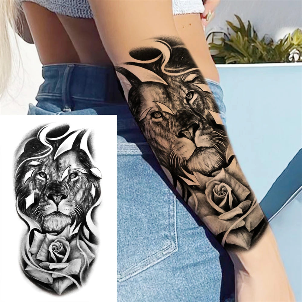 Indrukwekkende Volledige Arm Tijdelijke Tattoo Mouw voor Mannen en Vrouwen - Realistische Krijger, Leeuw, Tijger en Bloementekening - Gedurfde Zwarte Totem en Maori Stijl Stickers