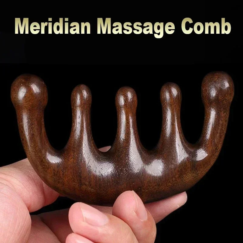 Revitaliseer je hoofdhuid met de Meridian Massage Kam - Vijf-tands handvatloze acupunctuurtool voor verbeterde bloedsomloop, gemaakt van luxe sandelhout