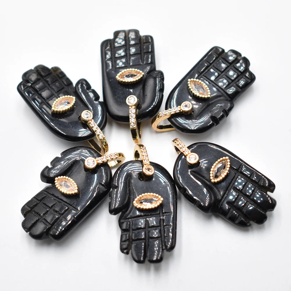 Natural Stone Hamsa Hand Charms 6pcs Carved Amethyst Rose Quartz Palm Pendants for Jewelry Making DIY Necklace Supplies