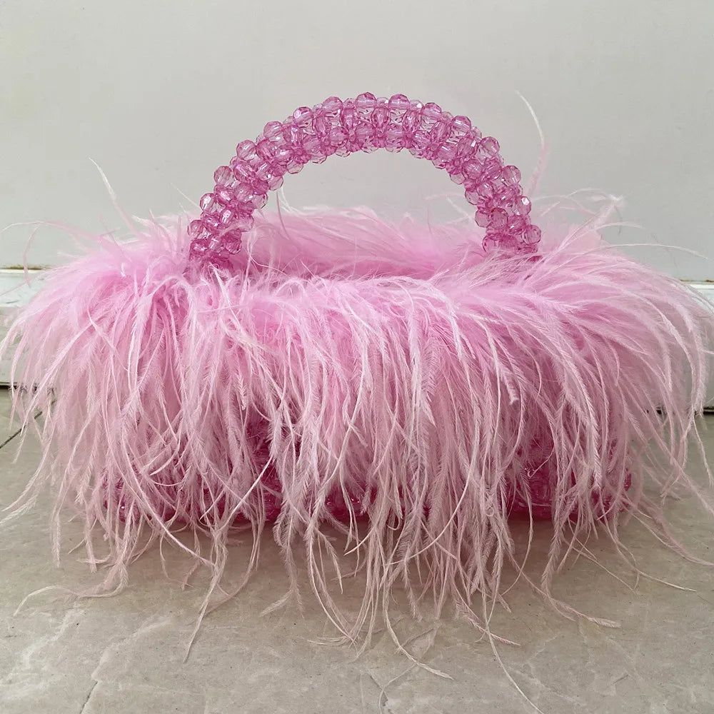 Chic Parelsnoer & Veer Bont Handtas - Designer Acryla Kristallen Doos Tote voor Dames, Handgemaakte Elegantie voor Feesten