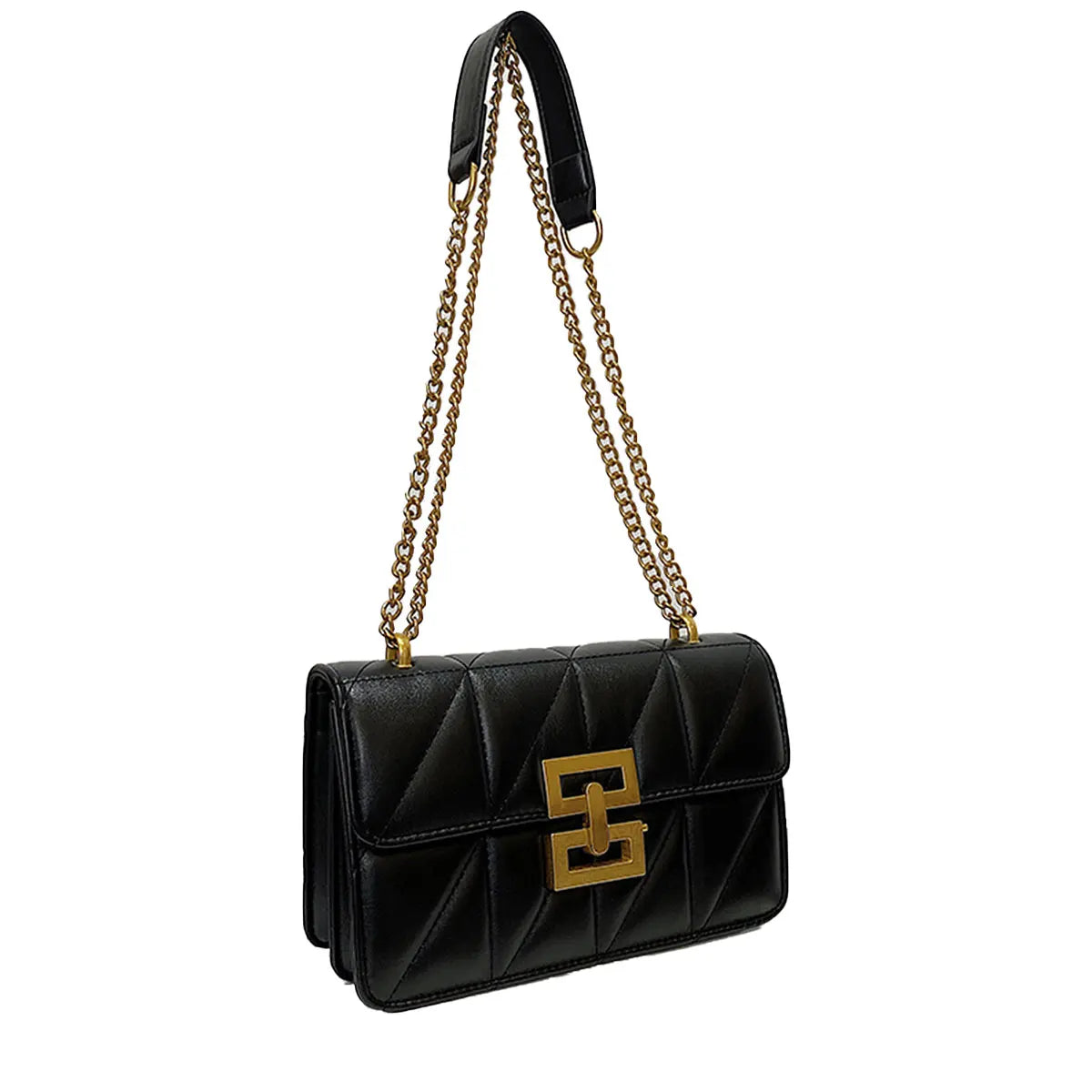 Chique Effen Kleine Vierkante Tas met Sluitschroef en Borduurgarens - Stijlvolle Schoudertas met Ketting voor Dames
