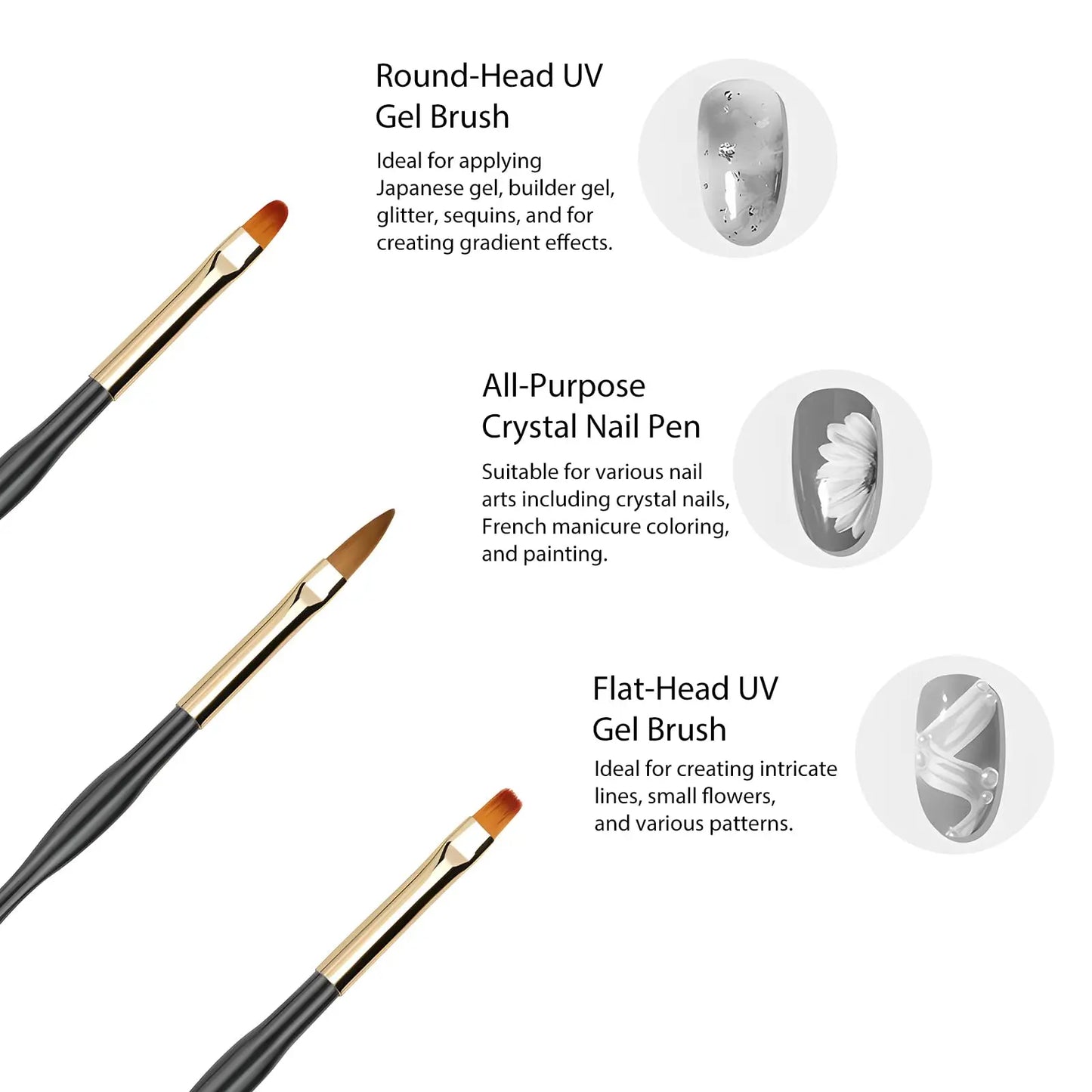 LULAA Set van 3 Dubbelzijdige Nagelkunstpennen - Acryl Ronde & Platte Penseel voor Prachtige DIY Nageldesigns!