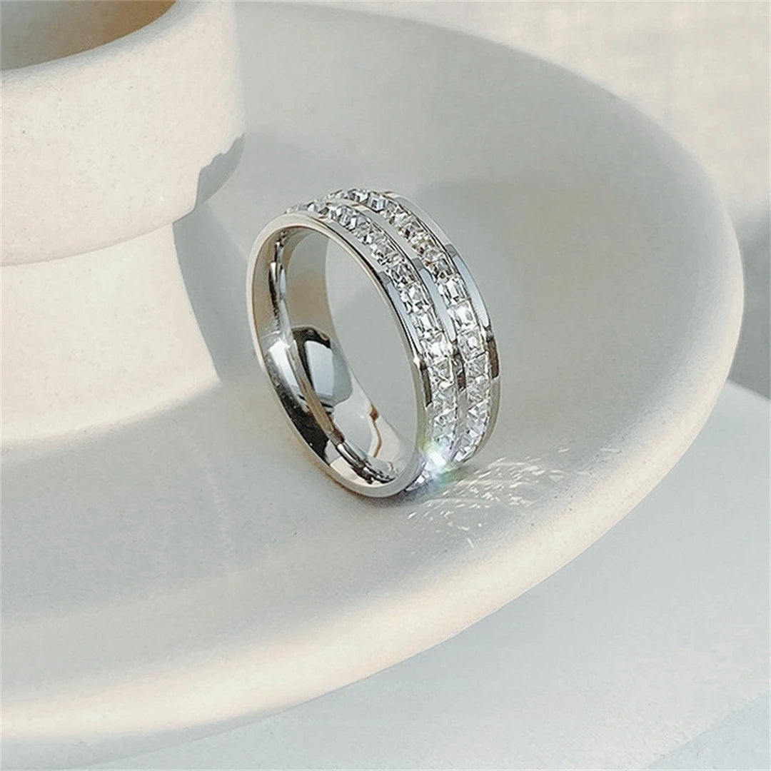 Elegante Roségouden Dubbele Rij Vierkante Zirkonia RVS Ring – Romantische Sieraden voor de Verloving en Bruiloft van Vrouwen