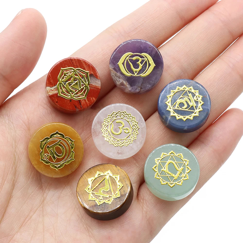 7-Pak Rond 7 Chakra Natuurlijke Steen Versieringen (16-18mm) - Amethist Kwarts Energie Stickers voor Reiki, Divinatie en Genezing
