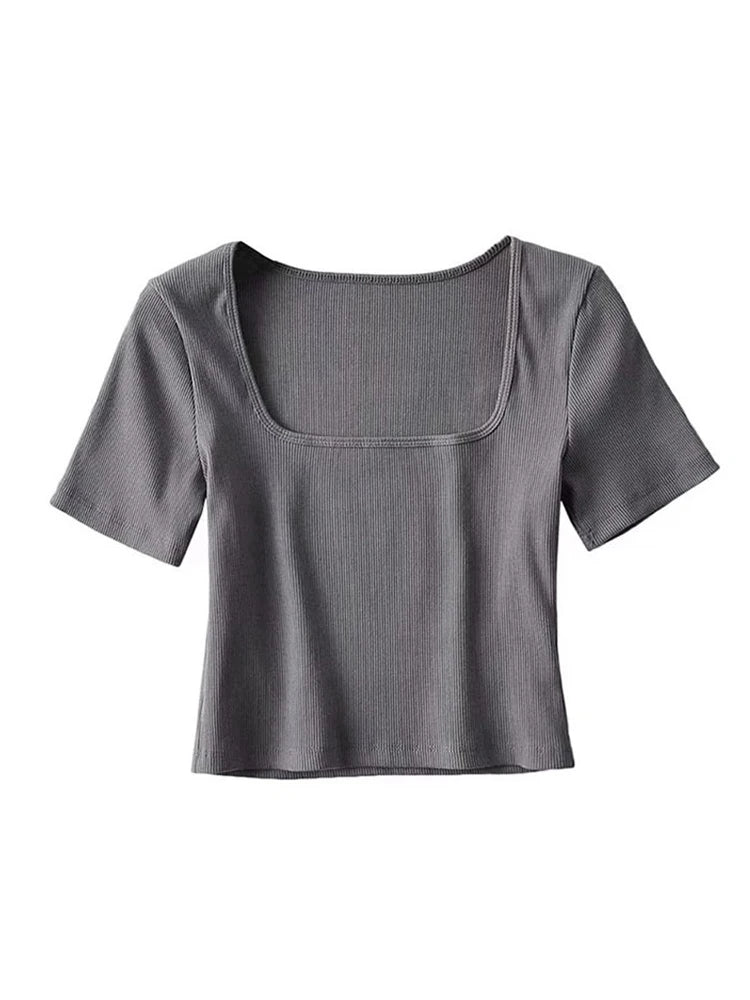 Chic Dames Vierkante Hals Geribbelde Crop Tee met Korte Mouwen