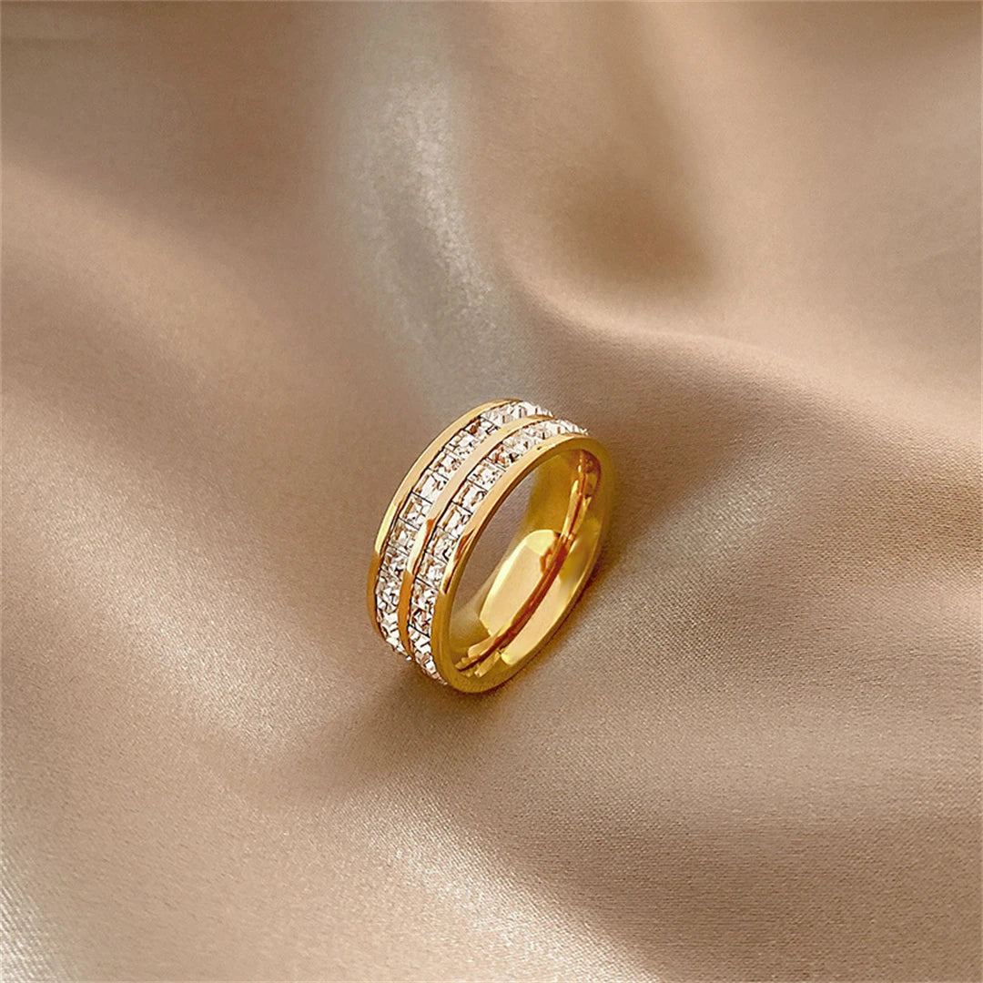 Elegante Roségouden Dubbele Rij Vierkante Zirkonia RVS Ring – Romantische Sieraden voor de Verloving en Bruiloft van Vrouwen