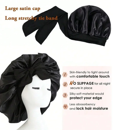 Satin Silk Hair Bonnet Adjustable Tie Band Wide-brimmed Night Sleeping Bathing Hat Bonnet for Women Unisex Protective Headwear