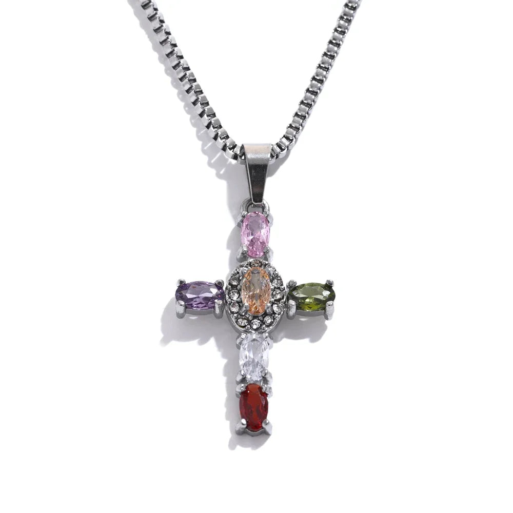 Yhpup Elegante Kleurrijke Sprankelende Cubic Zirconia Kruzifiks Hanger Ketting - Premium RVS Luxe Sieraden Cadeau