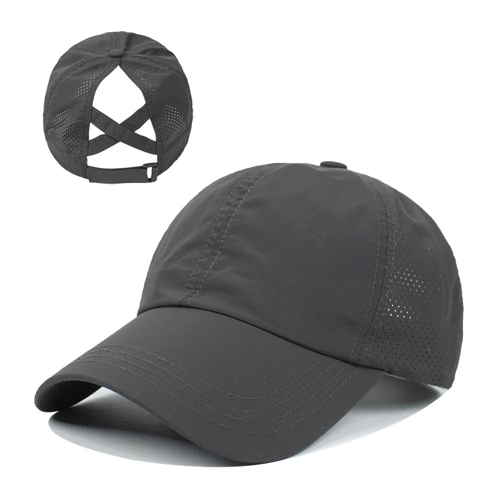 Chic Zomer Effen Baseball Cap voor Vrouwen - Stijlvolle Athleisure Cross Ponytail Hoed met Sneldrogend Gaas Visor