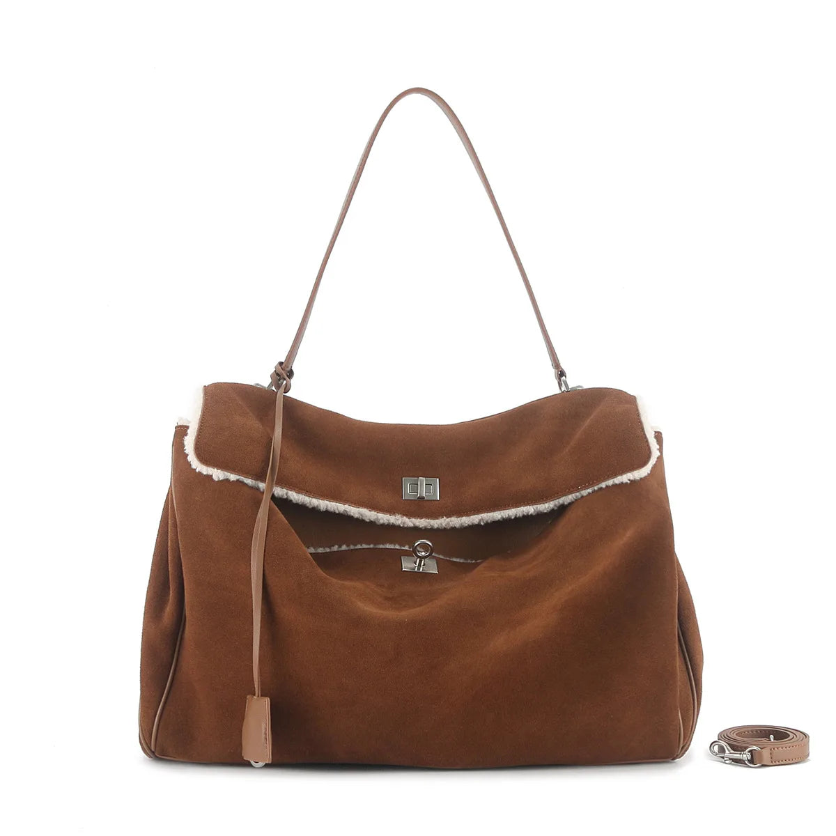Chique Echte Leren Bruine Suède Tote Bags voor Vrouwen - Elegante Gouden Buckle Schoudertassen van Luxe Merk Rodeo