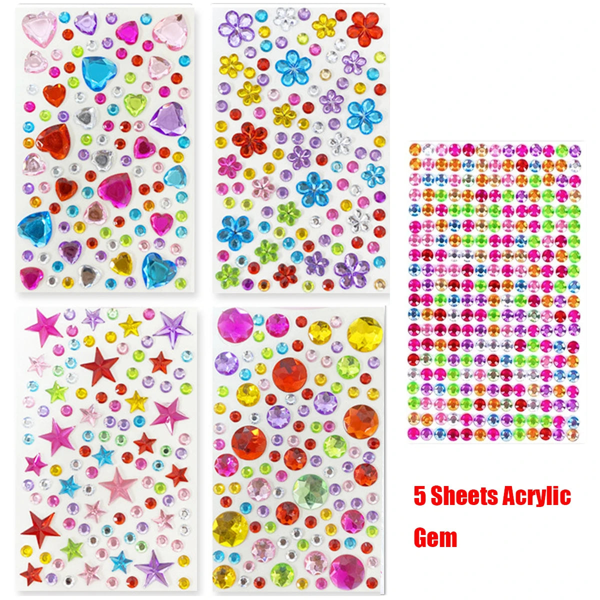 Self Adhesive Gem Stickers 5 Sheets Bling Rhinestones for Crafts Face Makeup Reward Charts Scrapbooking DIY Decor