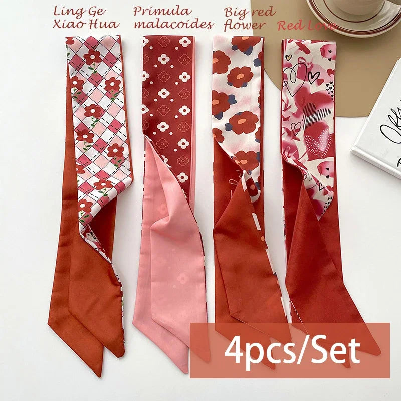 Elegante 4-delige Zijde Satijnen Sjaalset voor Vrouwen – Veelzijdige Haarbanden, Chique Hoofddoekenaccessoires en Stijlvolle Nekdassen voor Handtassen