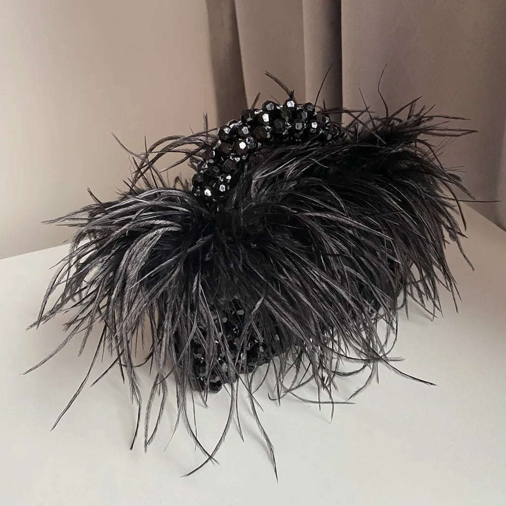 Chic Parelsnoer & Veer Bont Handtas - Designer Acryla Kristallen Doos Tote voor Dames, Handgemaakte Elegantie voor Feesten